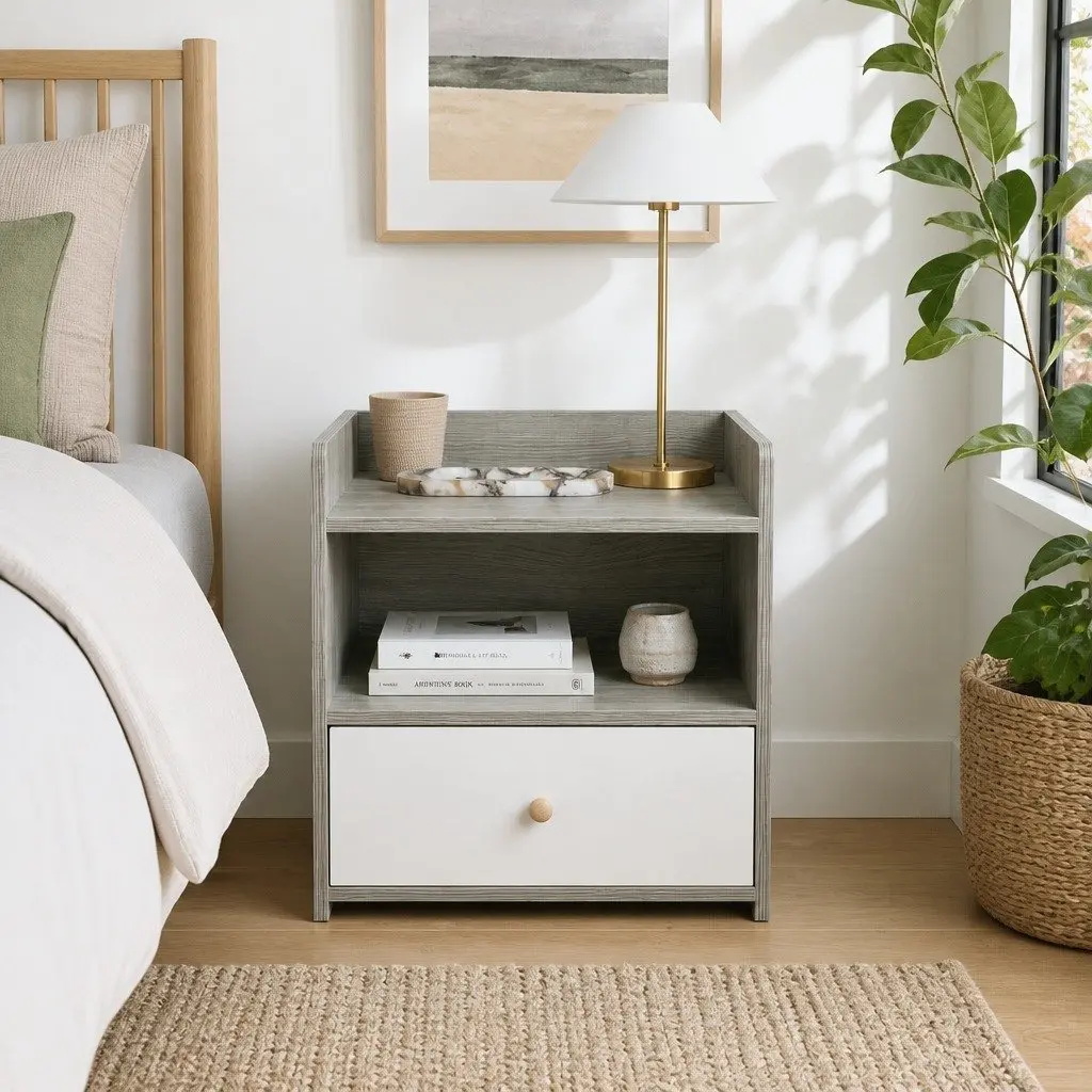 Nightstand 48cm Light Gray Wood Grain with Drawer and Open Tray