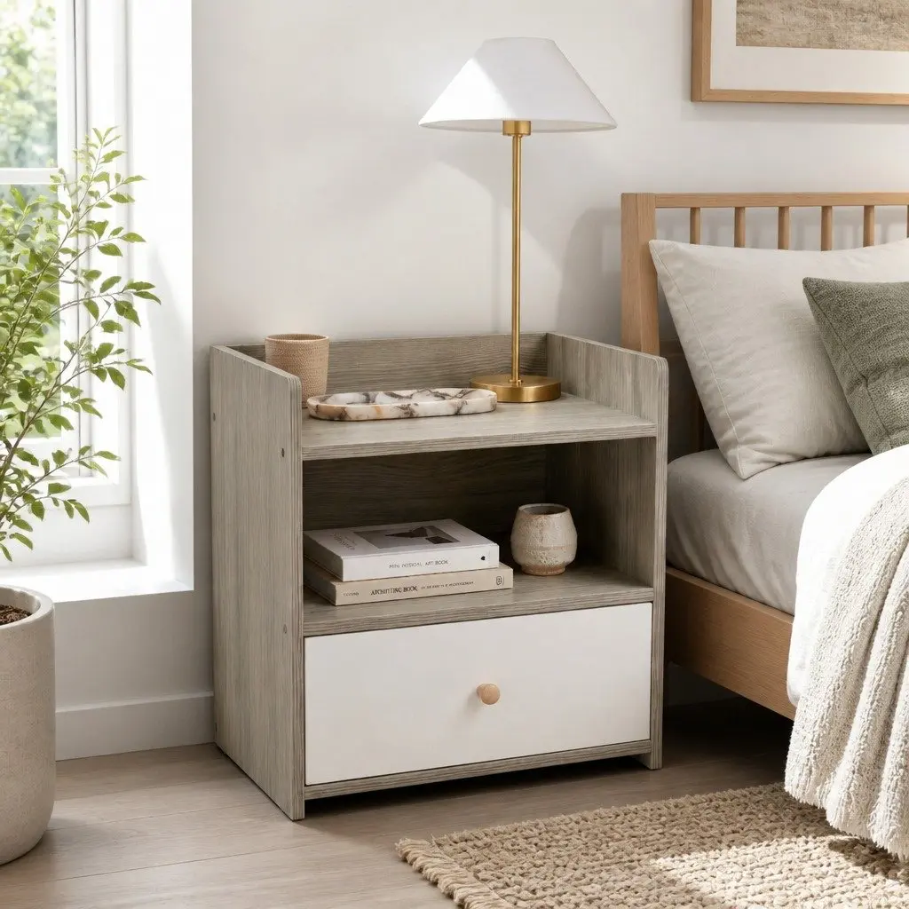 Nightstand 48cm Light Gray Wood Grain with Drawer and Open Tray