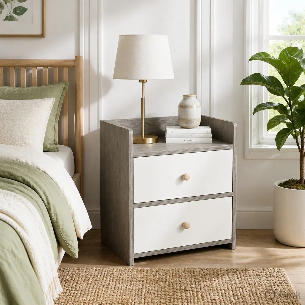 Bedside Table 47cm Nordic Style Two-Tone Light Gray White Wooden Drawers