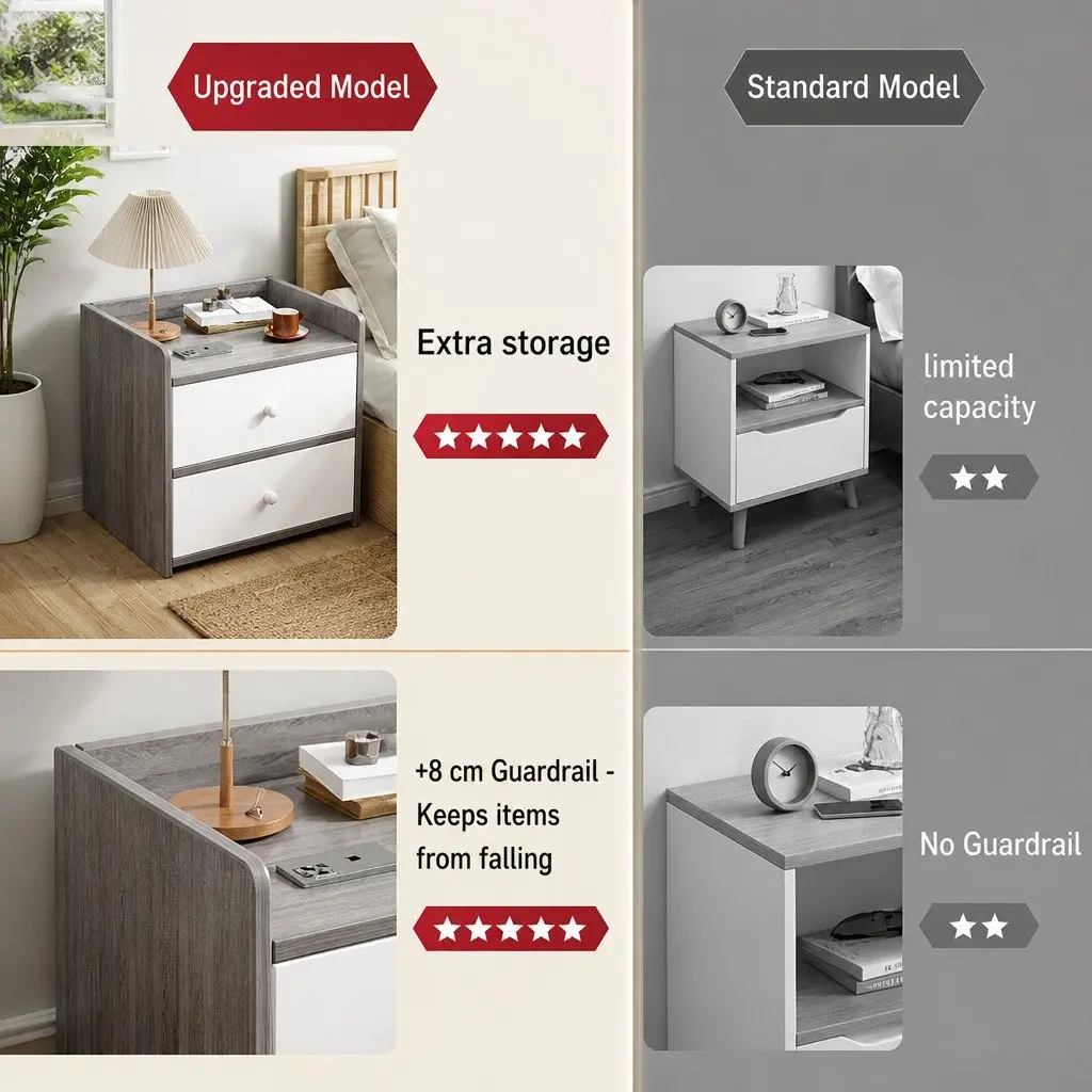 Bedside Table 47cm Nordic Style Two-Tone Light Gray White Wooden Drawers