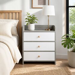 Bedside Table Nightstand 3 Drawer Storage Wood Grain Light Gray Bedroom