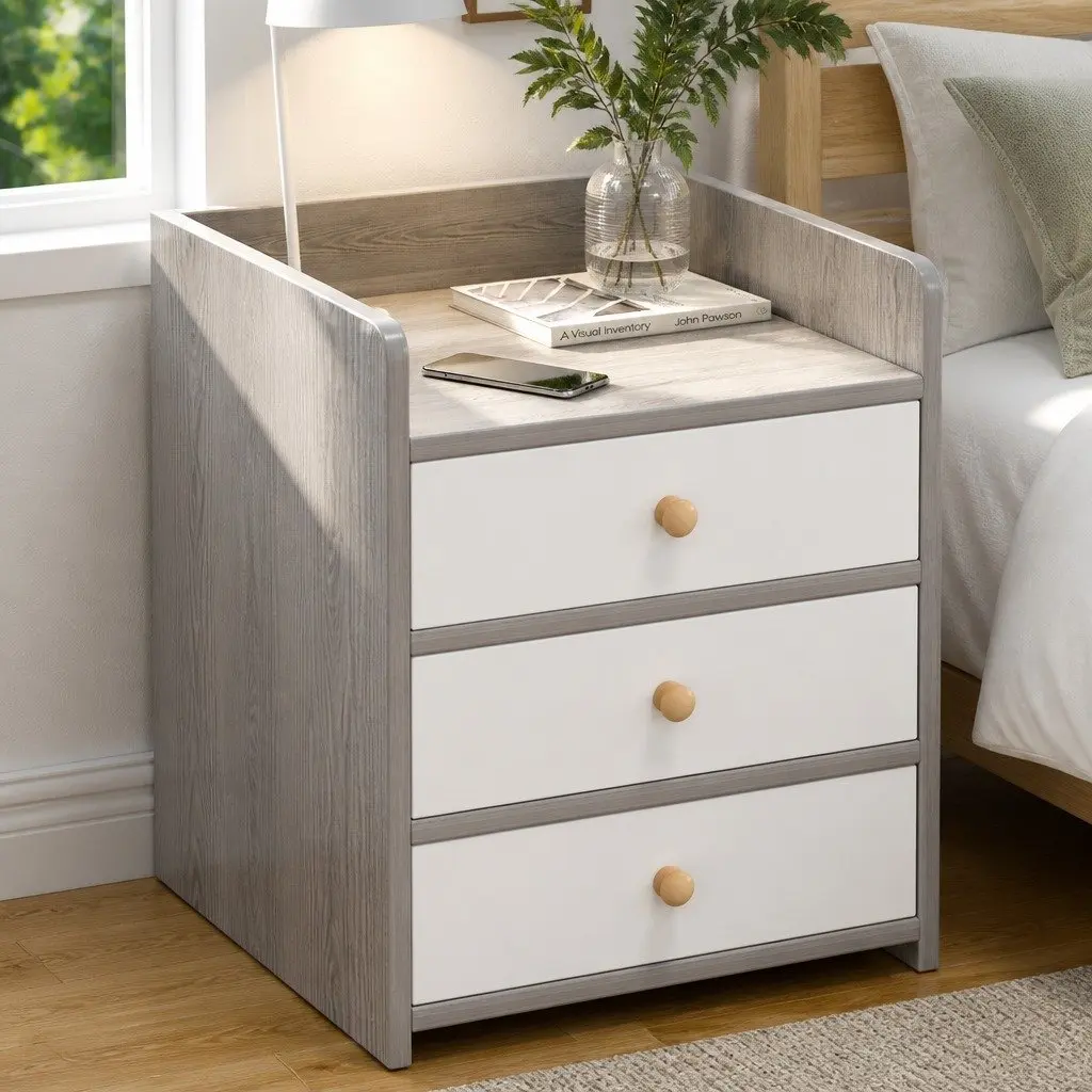 Bedside Table Nightstand 3 Drawer Storage Wood Grain Light Gray Bedroom