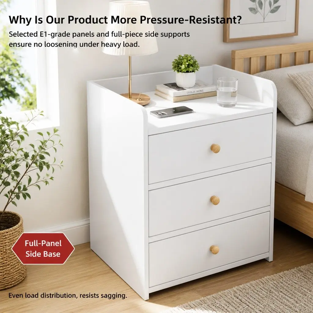 Bedside Table 47cm x 59cm with 3 Drawers and Tray Top in Warm White