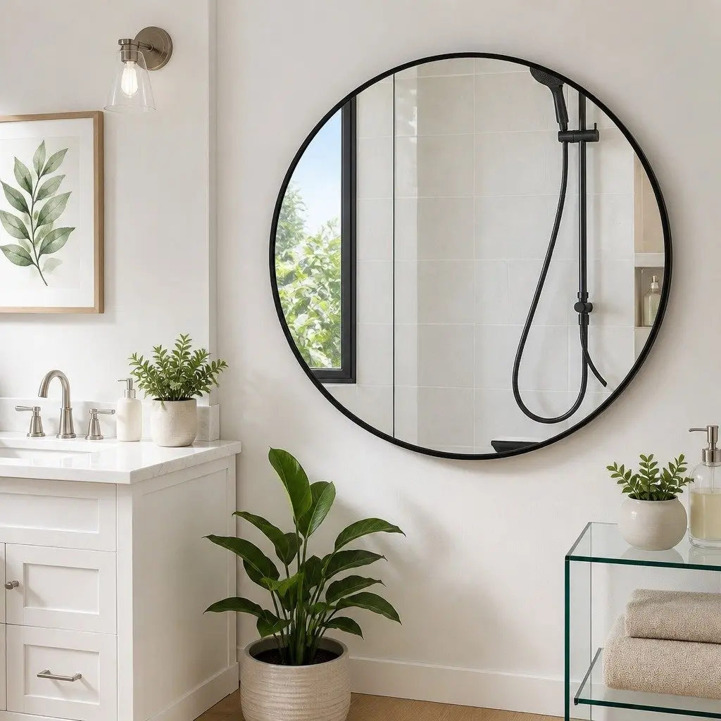 Circular Wall Mirror 80cm Metal Frame Vintage Bathroom Vanity Accent Decor