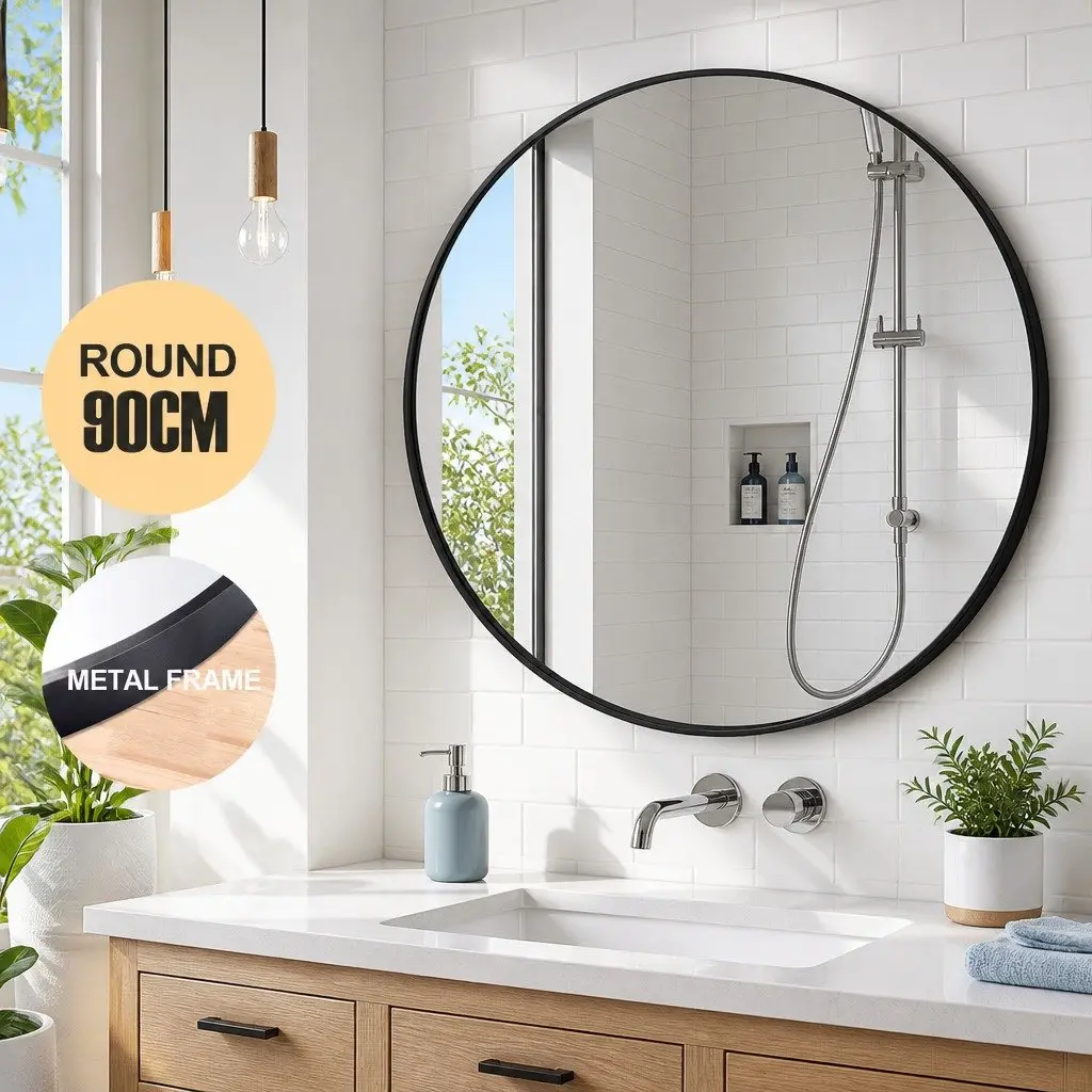 Circular Wall Mirror 90cm Vintage Metal Frame Black High Definition Silver Mirror