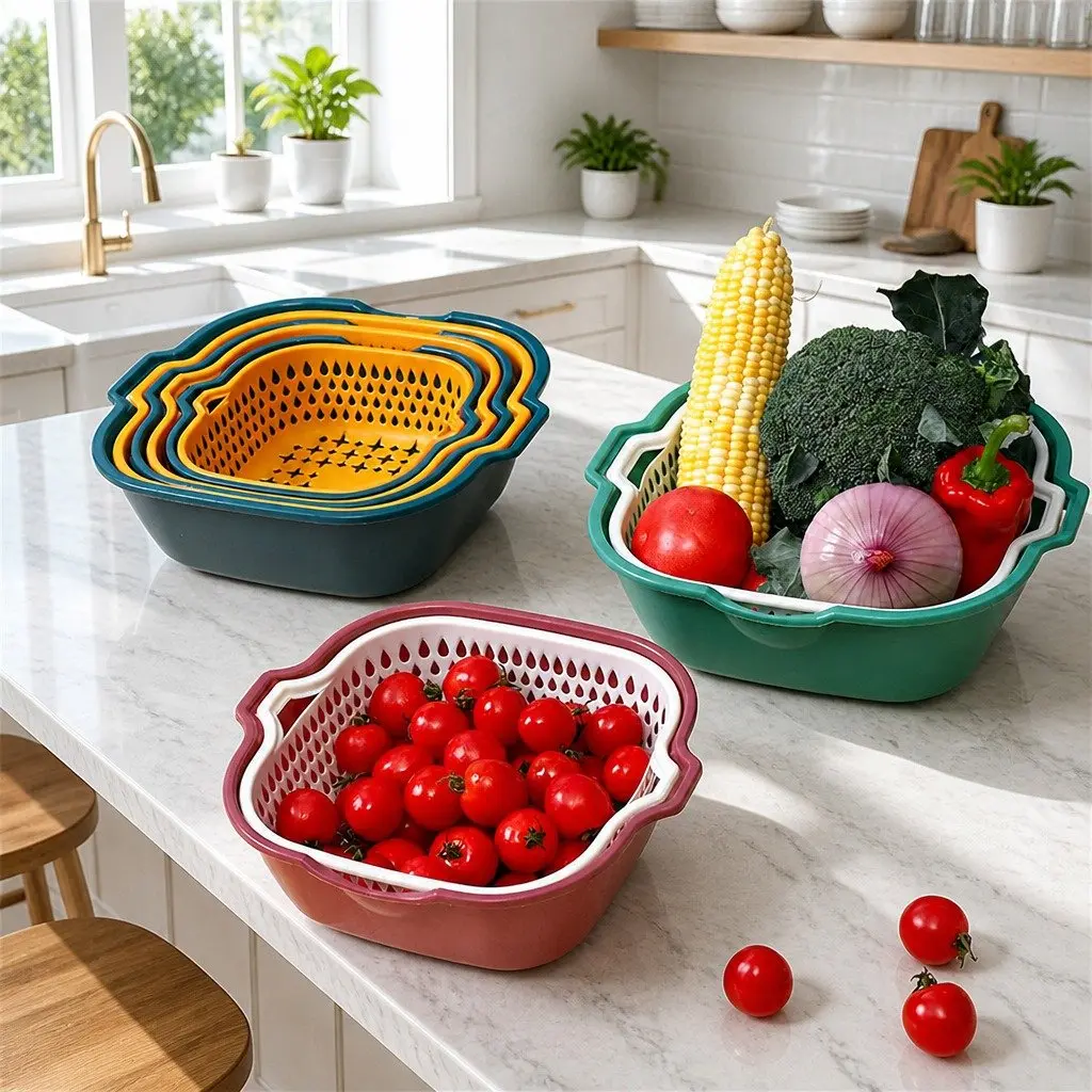 Fruit Vegetable Storage Basket Set Six-Piece Double-Layer Kitchen Organiser
