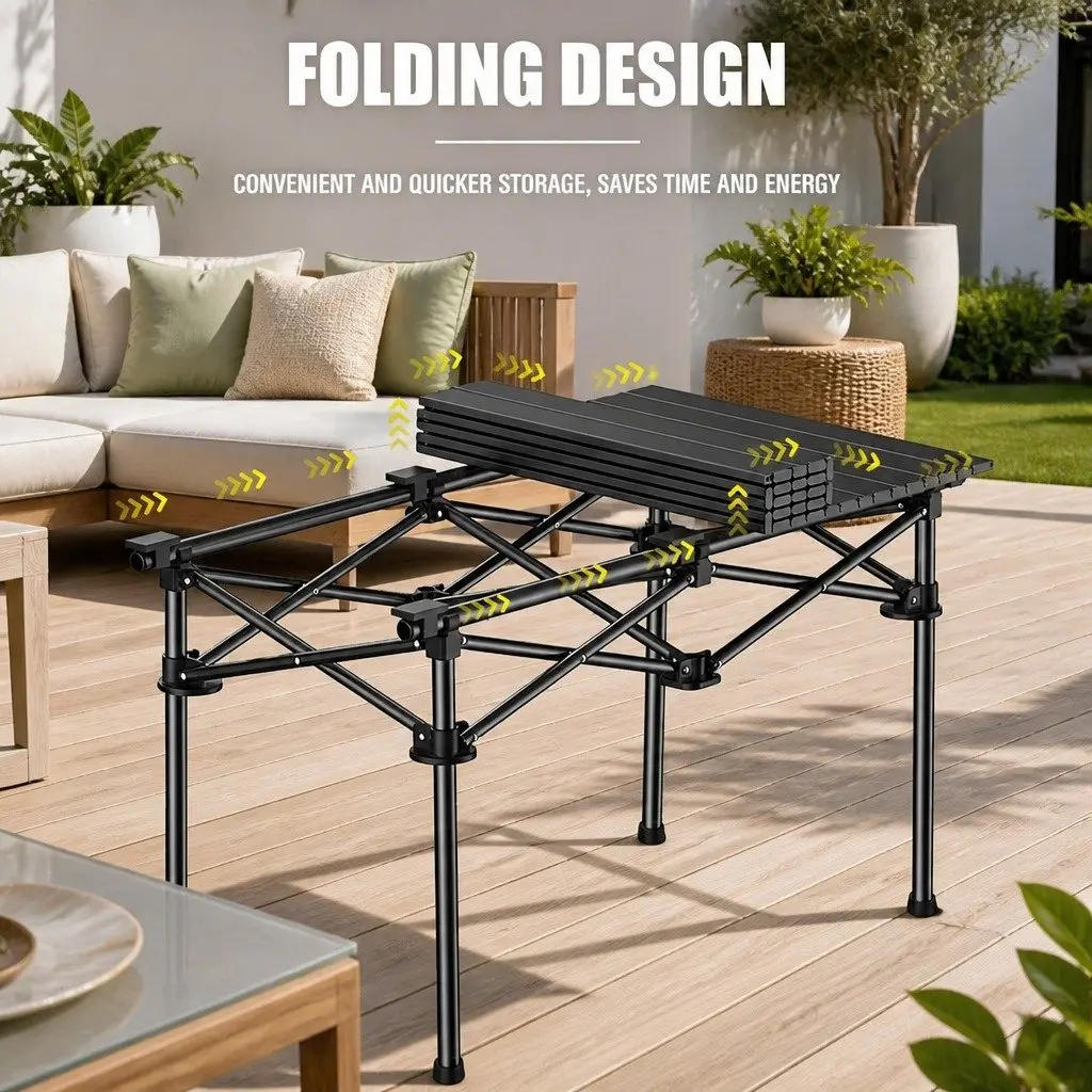 Folding Camping Table Outdoor Picnic Storage Rack Portable Black Design