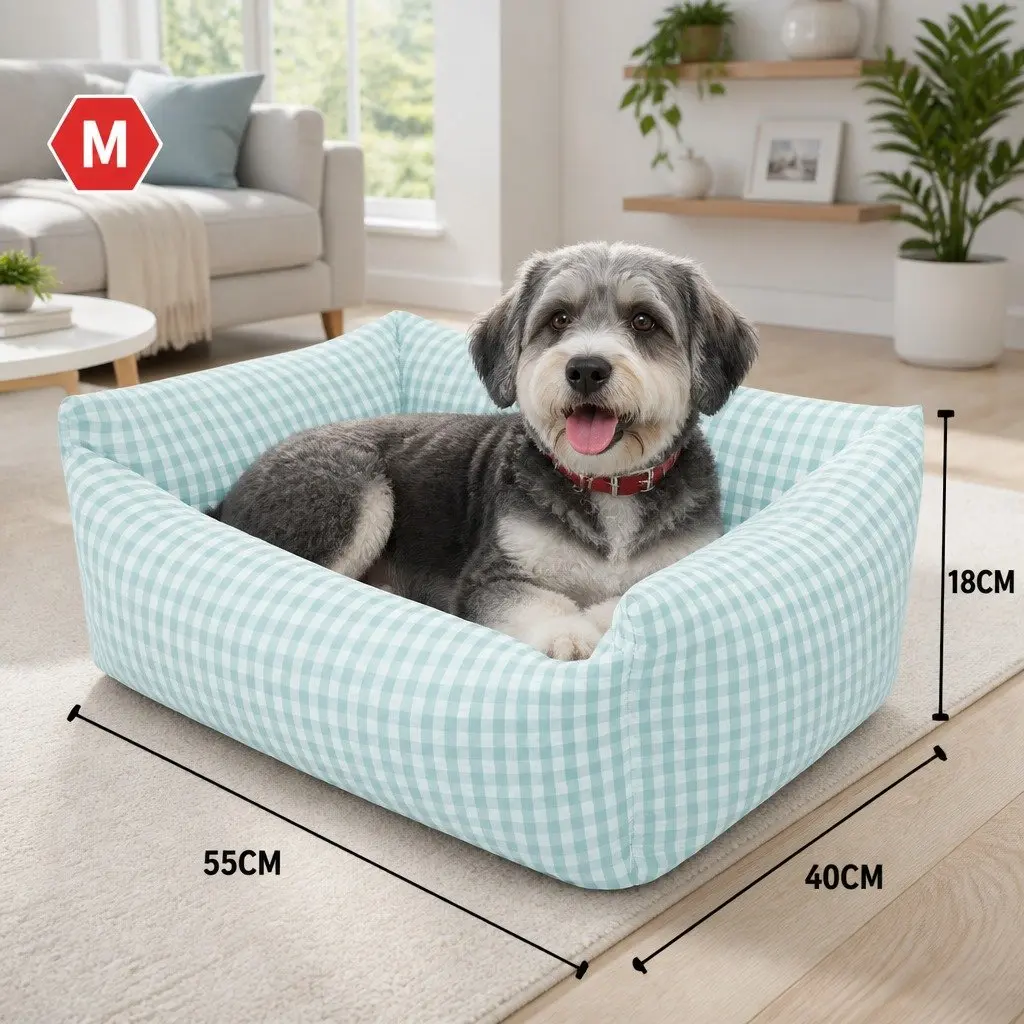 Pet Dogs Cat Bed Square Blue Check Calming Nest Removable Washable Puppy