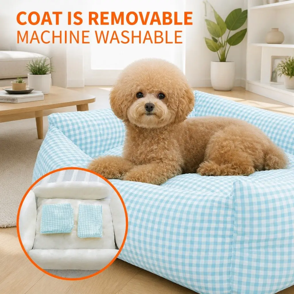 Pet Dogs Cat Bed Square Blue Check Calming Nest Removable Washable Puppy