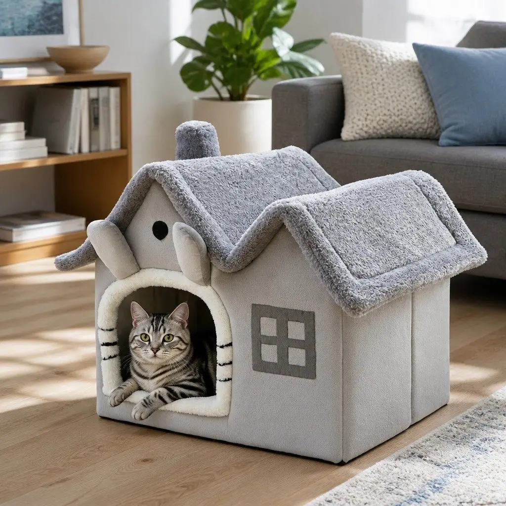 Pet Bed Removable Washable Soft Warm Shelter Double Roof Indoor Dog Cat House Grey