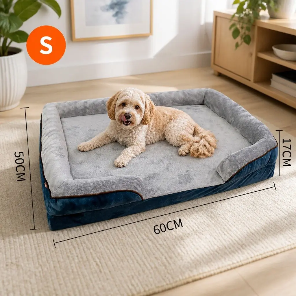 Dog Sofa Bed S Size Grey Orthopedic Thickened Sponge Cushion with Integrated Edge Support