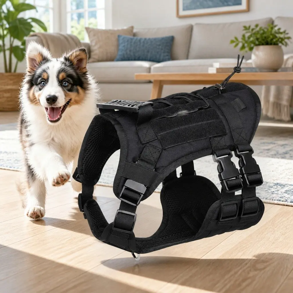 Dog Chest Strap Back Vest Style Harness Black with Poop Bag Dispenser Set