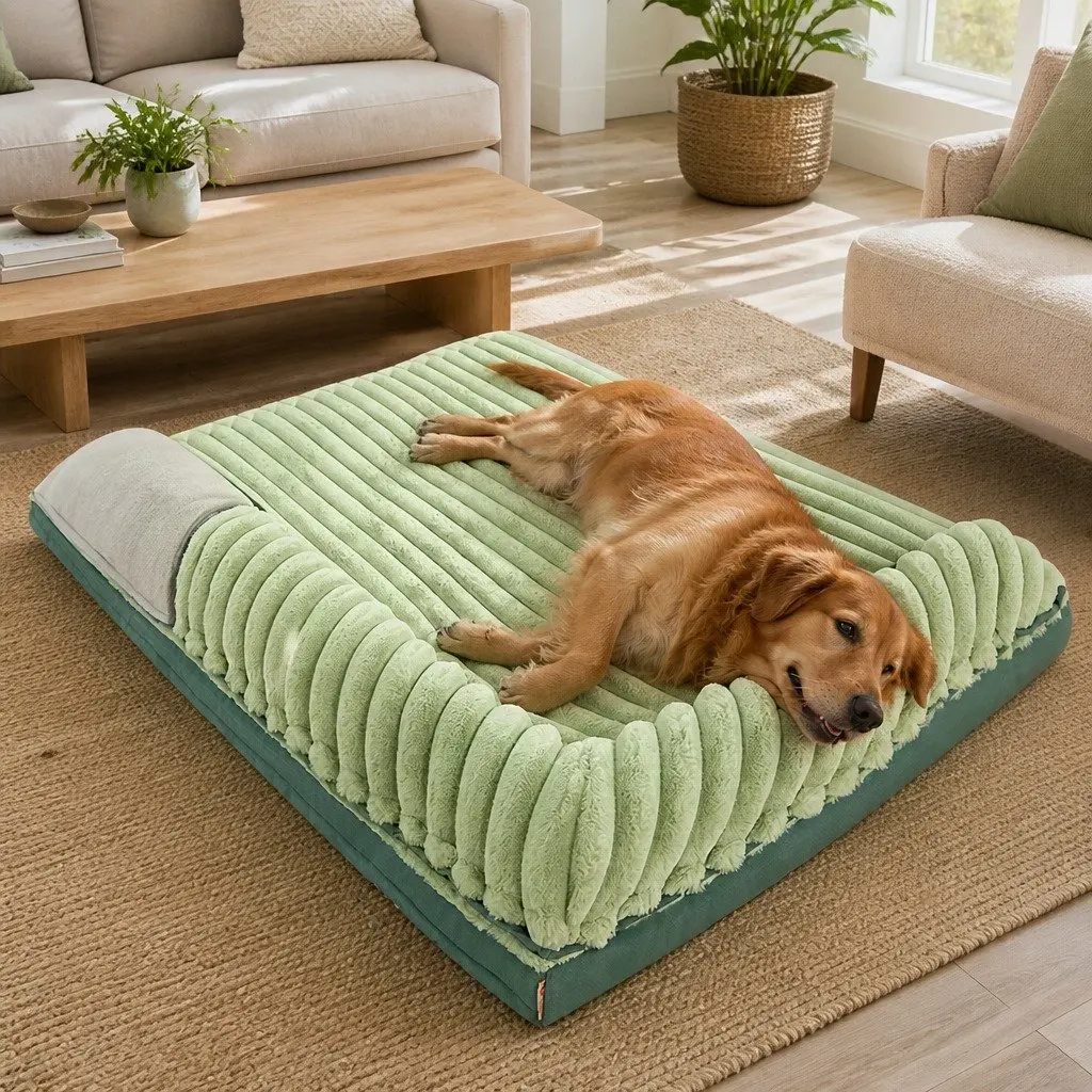 Dog Bed 120x90x15.5cm Green Striped Velvet Removable Washable Reversible Pet Cushion