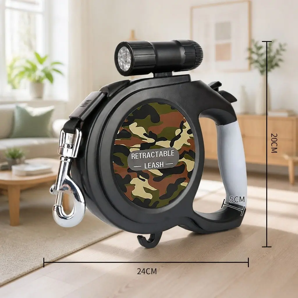 Pet Auto-Retractable Leash 8 Metres with Flashlight Green Camo Dog Walking Lead