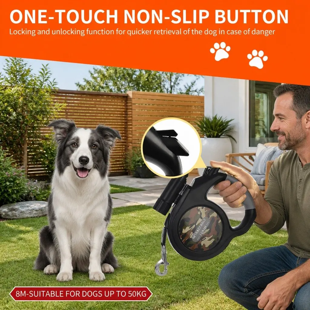 Pet Auto-Retractable Leash 8 Metres with Flashlight Green Camo Dog Walking Lead