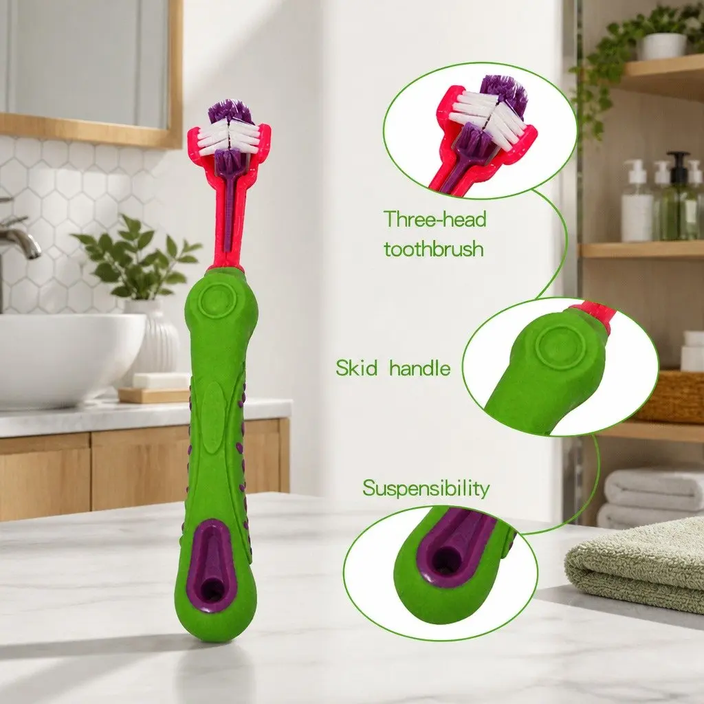 Three-Head Pet Toothbrush Multi-Angle Oral Cleaning Tool