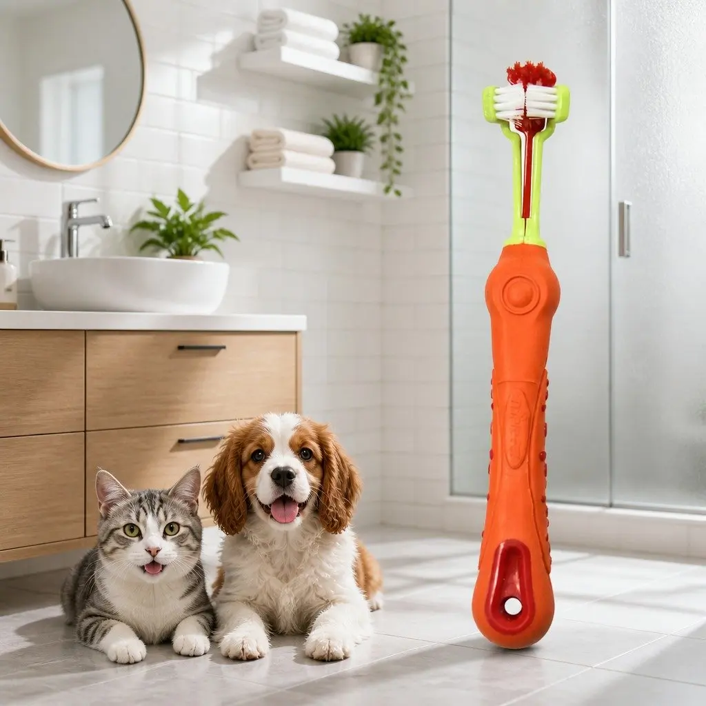 Three-Head Dog Cat Toothbrush Multi-Angle Oral Cleaning Pet Care Tool Orange