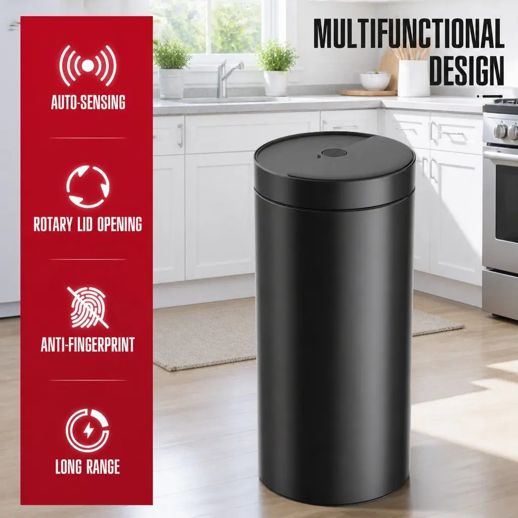 40L Touchless Motion Sensor Trash Can Automatic Open and Close Kitchen Garbage Bin with Adjustable Sensing Distances Black