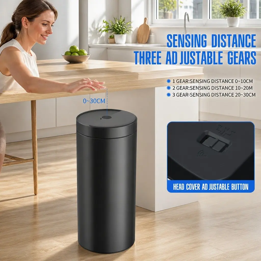40L Touchless Motion Sensor Trash Can Automatic Open and Close Kitchen Garbage Bin with Adjustable Sensing Distances Black