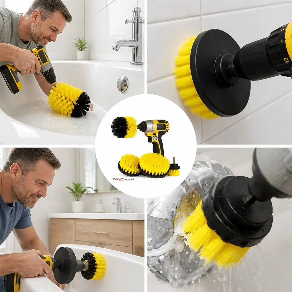 Electric Drill Cleaning Brush Head Set 3 Piece Medium Stiffness Nylon Bristles