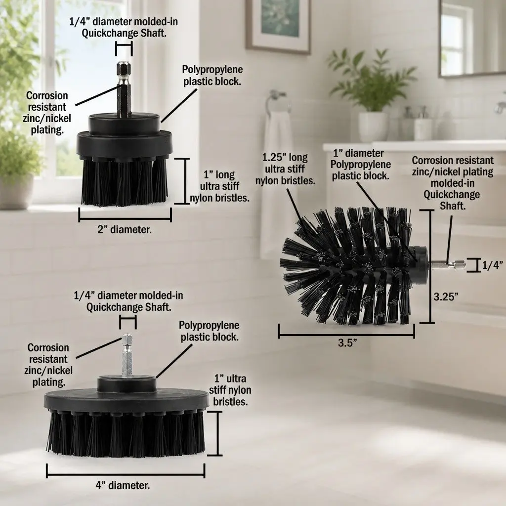 Electric Drill Cleaning Brush Head Set 3 Piece Medium Stiffness Nylon Bristles