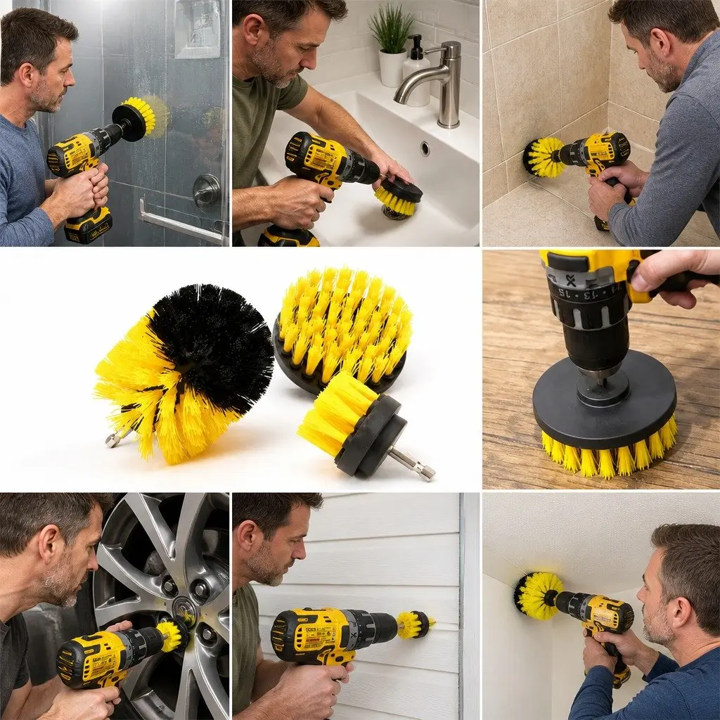 Electric Drill Cleaning Brush Head Set 3 Piece Medium Stiffness Nylon Bristles