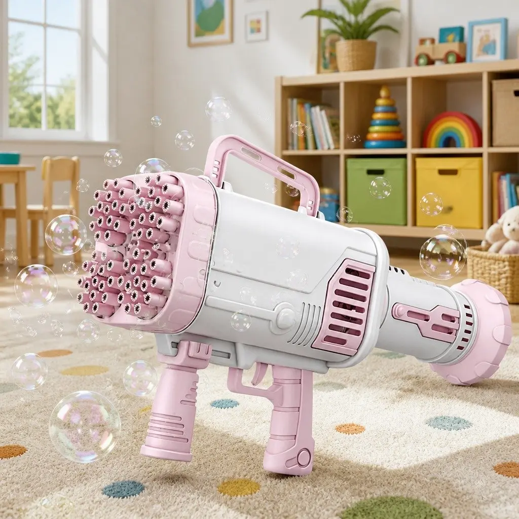 Electric Bubble Machine 64 Holes Hand-Held Gatling Rocket Gun Toy Pink