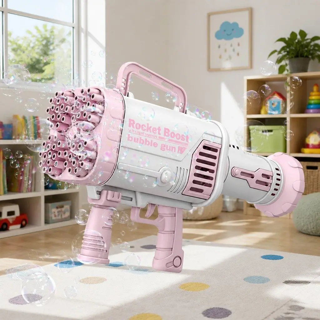 Electric Bubble Machine 64 Holes Hand-Held Gatling Rocket Gun Toy Pink
