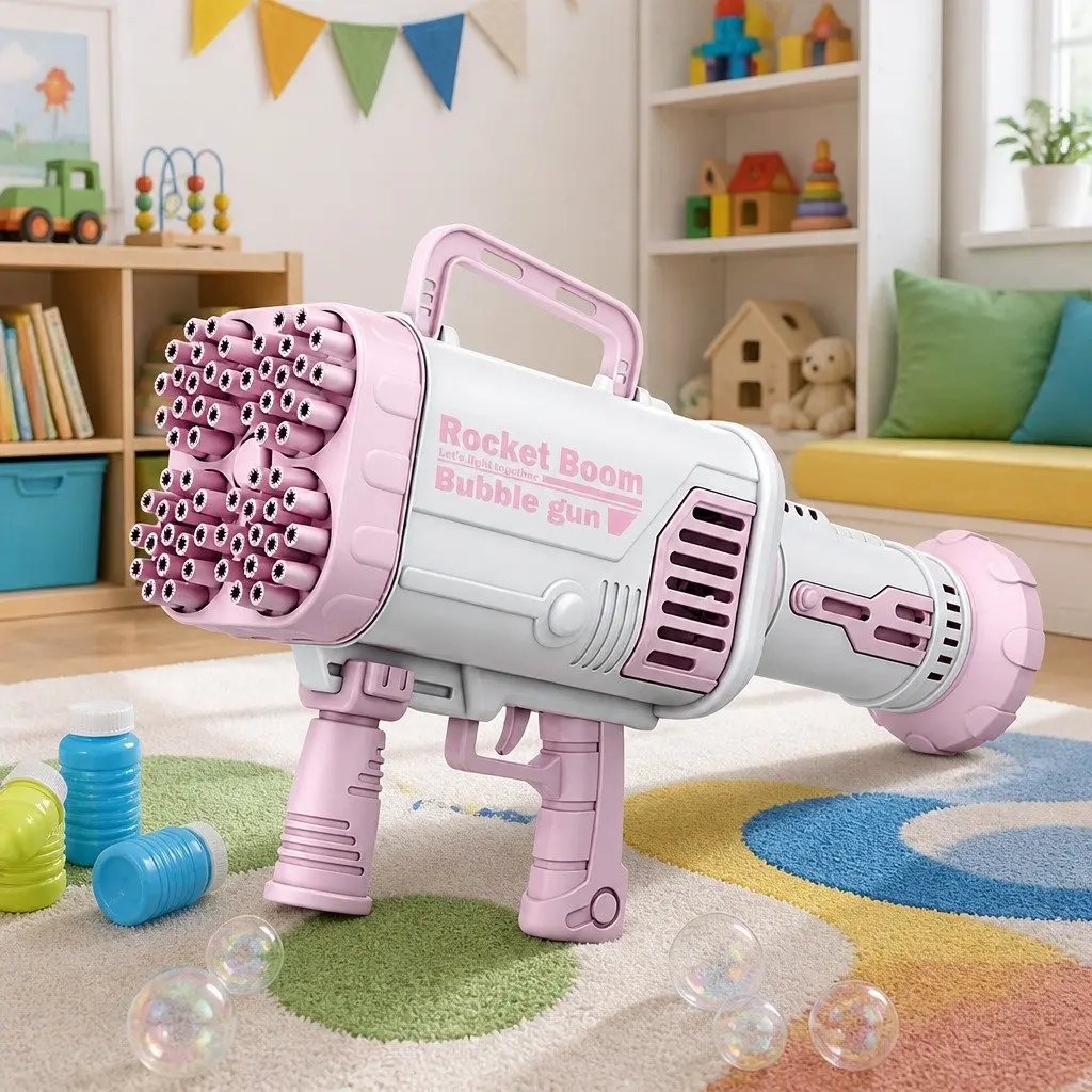 Electric Bubble Machine 64 Holes Hand-Held Gatling Rocket Gun Toy Pink