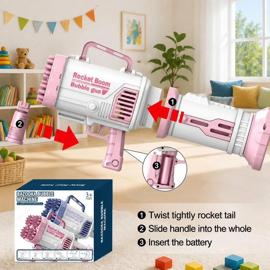 Electric Bubble Machine 64 Holes Hand-Held Gatling Rocket Gun Toy Pink