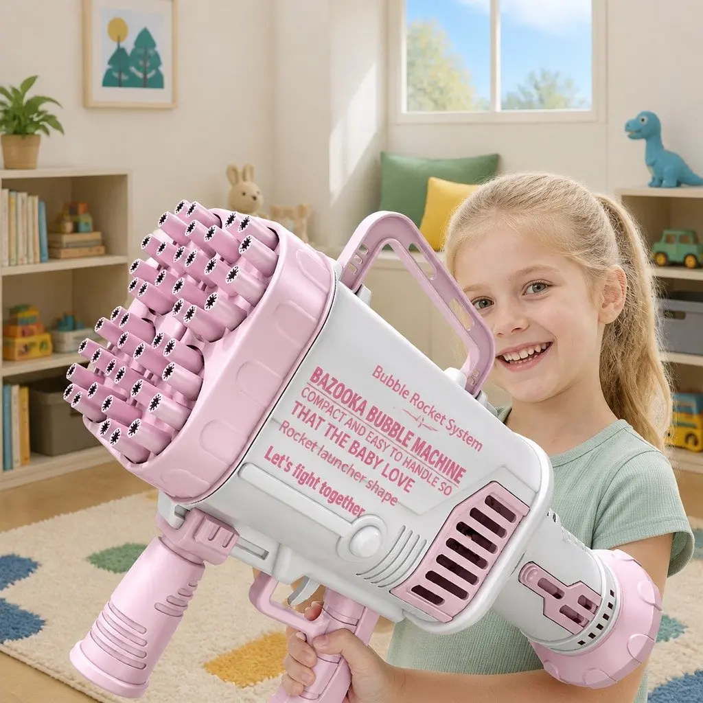 Electric Bubble Machine 64 Holes Hand-Held Gatling Rocket Gun Toy Pink