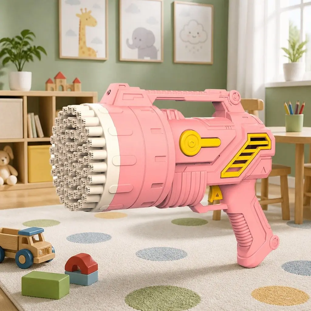 Bubble Gun 69 Hole Pink Hand-Held Automatic Lightweight Rechargeable Kids Toy