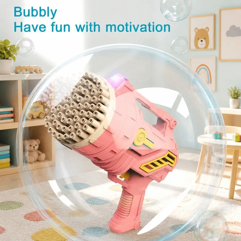 Bubble Gun 69 Hole Pink Hand-Held Automatic Lightweight Rechargeable Kids Toy