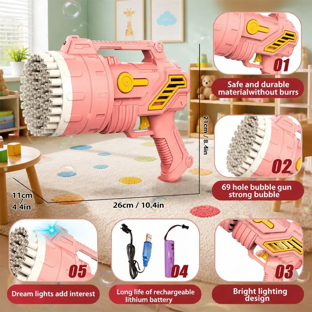 Bubble Gun 69 Hole Pink Hand-Held Automatic Lightweight Rechargeable Kids Toy
