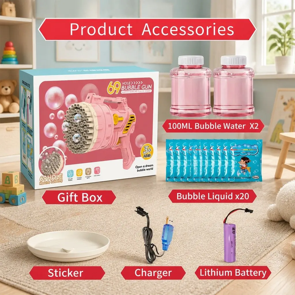 Bubble Gun 69 Hole Pink Hand-Held Automatic Lightweight Rechargeable Kids Toy