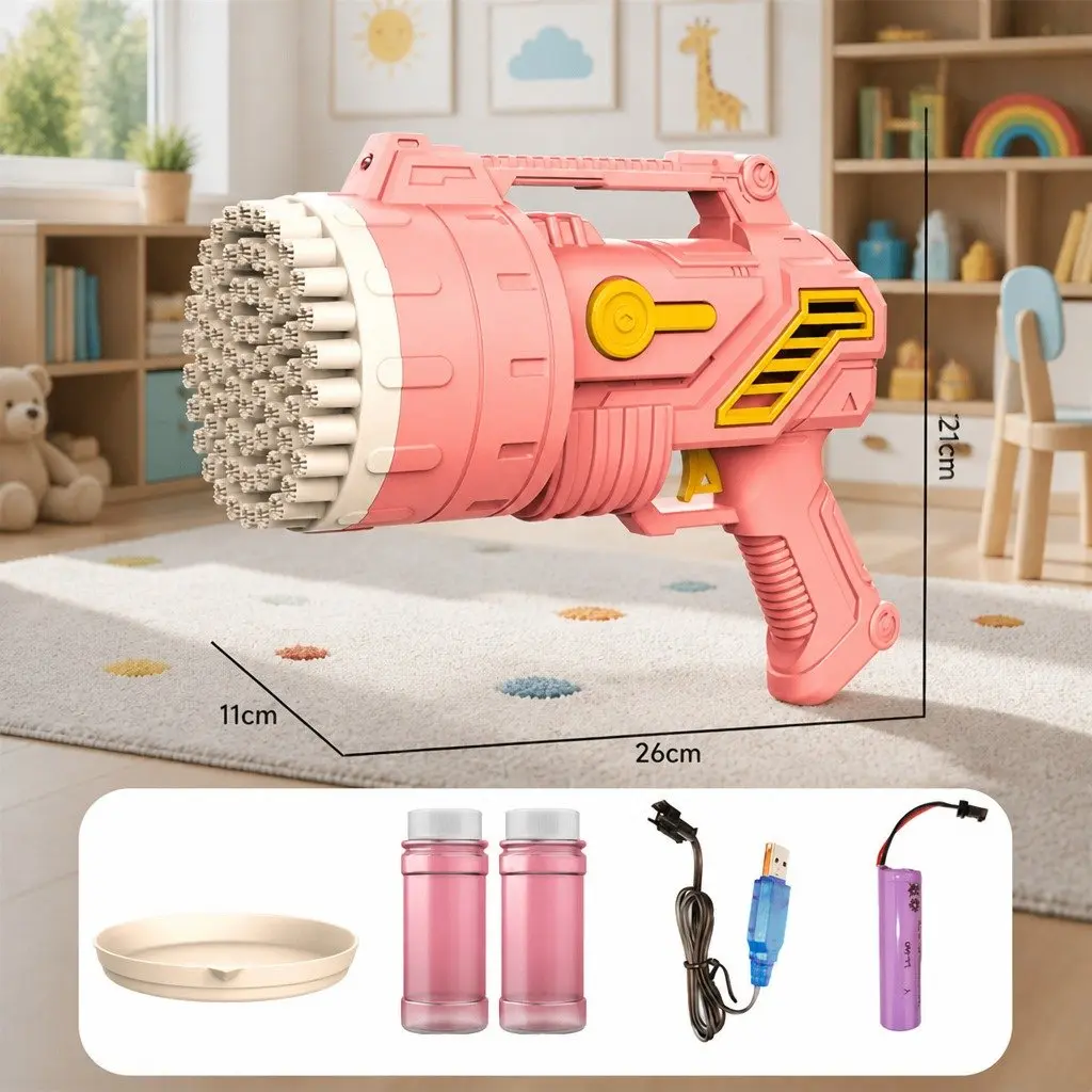 Bubble Gun 69 Hole Pink Hand-Held Automatic Lightweight Rechargeable Kids Toy